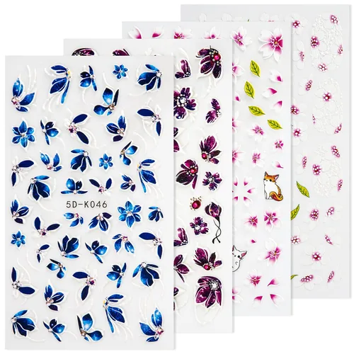 Miniatura 12 de Calcomanías de uñas, 4 hojas en relieve floral 5D, autoadhesivas para manicura de bricolaje