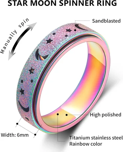 Miniatura 2 de Anillo de ansiedad para mujer, anillos giratorios: anillos giratorios de acero inoxidable de 0.236 pulgadas (0.236 in) con luna y estrella