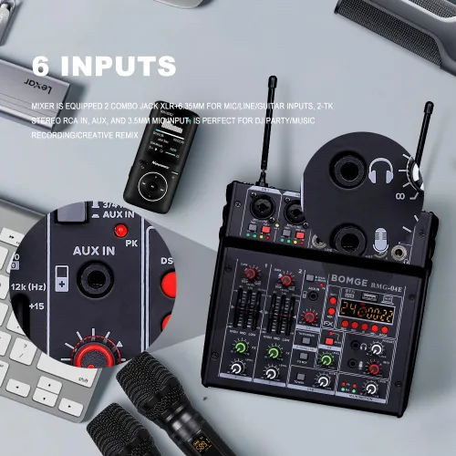 Miniatura 7 de BOMGE 04E mezclador de audio de karaoke, mezclador de 4 canales con micrófono inalámbrico UHF dual de 329 pies, consola de tablero de sonido