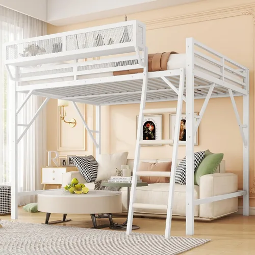 Miniatura 27 de KEIKI Estructura de Cama Loft de Metal Tamaño Twin con Escalera Convertible, Estantes de Almacenamiento Integrados y Armario, Cama Loft con Listones