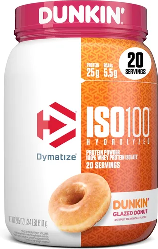 Dymatize x Dunkin' Glazed Donut ISO100 Proteína de suero en polvo, 0.88 oz de proteína, 0.19 oz de BCAA, 120 Cal., Sin gluten, 0.04 oz de grasa,