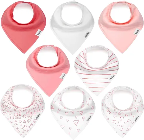 KiddyStar Drool Bibs for Babies – Organic, Unisex, Soft Absorbent Teething Bibs with Adjustable Snaps Paquete de 8 baberos tipo bandana rosa