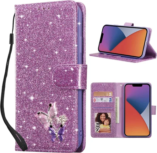 Miniatura 18 de UEEBAI Funda tipo cartera para iPhone 11, funda de piel sintética con purpurina para teléfono, ranuras para tarjetas, funda con función atril
