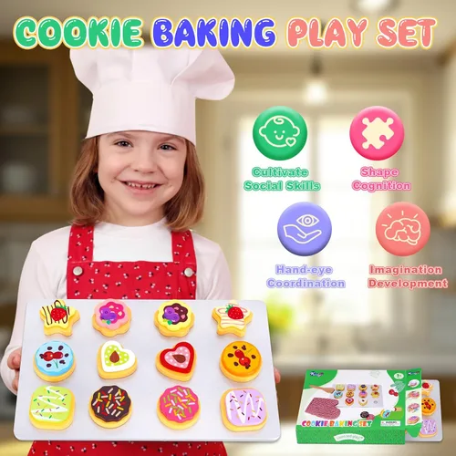 Miniatura 5 de Juego de alimentos de madera para hornear y cortar galletas para niños - Juego de cocina - Accesorios de juguete para galletas y bandeja