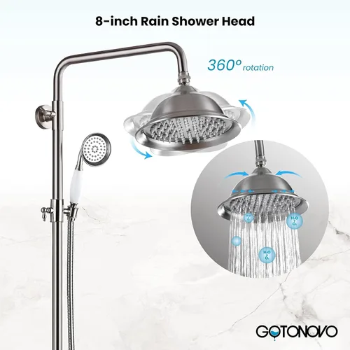 Miniatura 8 de gotonovo - Juego de grifo de ducha de níquel cepillado 8 pulgadas, cabezal de ducha de lluvia para baño, sistema de ducha de pared, doble mango