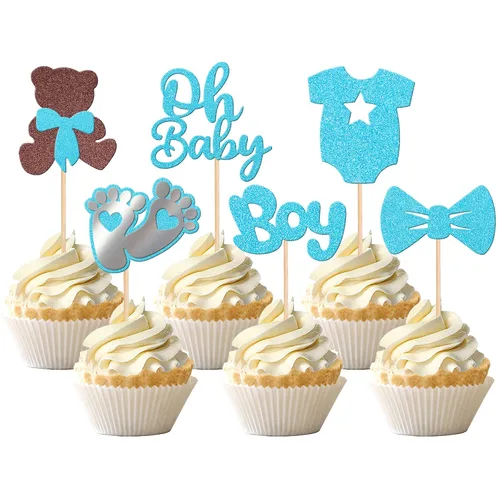 Miniatura 9 de 24 piezas de adornos para cupcakes con lazo con purpurina, vestido de luna Oh Baby para revelación de género, baby shower, fiesta de cumpleaños