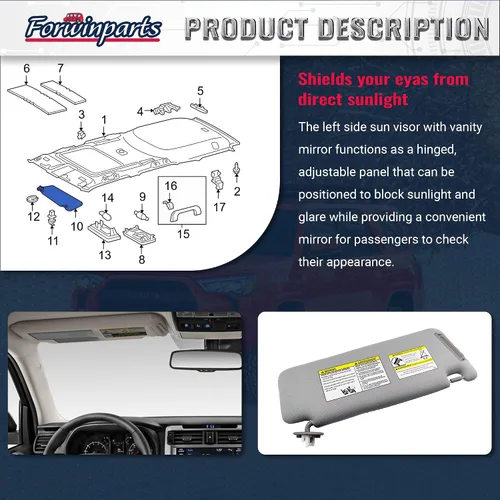 Miniatura 5 de Forwinparts Visera solar delantera izquierda del lado del conductor para Toyota 4Runner 2010-2024 74320-35A91-B1 7432035A91B1 con luz de espejo gris