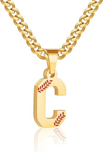 Miniatura 52 de Avotto Collar de béisbol con letra inicial de la A a la Z para niños y hombres, cadena cubana de acero inoxidable resistente que no se decolora