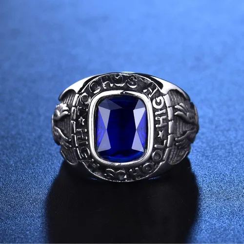 Miniatura 2 de MASOP Anillos de acero inoxidable 316L para hombre con piedras azules grabadas en la escuela secundaria de águila tamaño 8-15