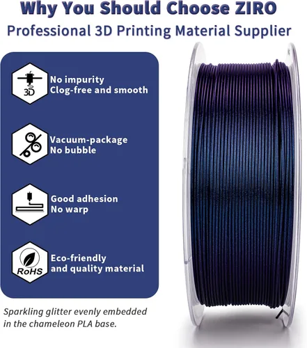 Miniatura 3 de ZIRO - Filamento para impresora 3D, 1.75mm de polilactida brillante con destellos, Serie Camaleón, efecto brillante con destellos, carrete de 1kg