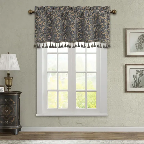 Miniatura 24 de Loom and Mill Cenefas de jacquard de lujo para ventana de sala de estar, elegante cenefa de cortina de damasco beige con ribete de cuentas, cortina