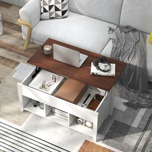 Miniatura 8 de Mesa auxiliar elevable, mesa de té moderna 2 en 1 con compartimento de almacenamiento oculto y 3 estantes de almacenamiento abiertos, mesa central