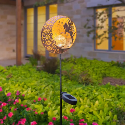 Miniatura 7 de Tryme Luces solares de jardín de hadas, estaca de globo de cristal con estrella de luna, luces decorativas impermeables para exteriores, patio