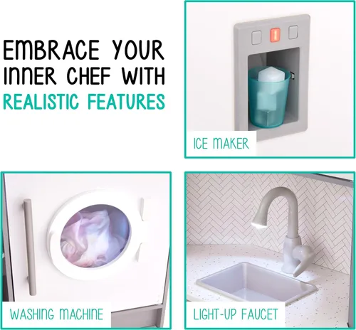 Miniatura 6 de Lil' Jumbl Juego de cocina de esquina para niños, cocina de lujo de madera de simulación, máquina de hielo a pilas, estufa y grifo con sonido gris