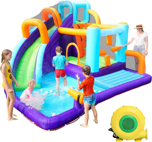 Casa inflable de rebote de tobogán acuático para niños, casa inflable para patio trasero con tobogán acuático para regalo (ventilador incluido)