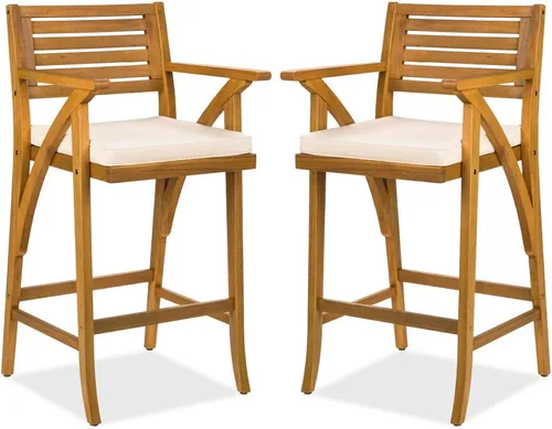 Best Choice Products Juego de 2 taburetes de bar de madera de acacia para exteriores, sillas de bar para patio, piscina, jardín con cojines Crema