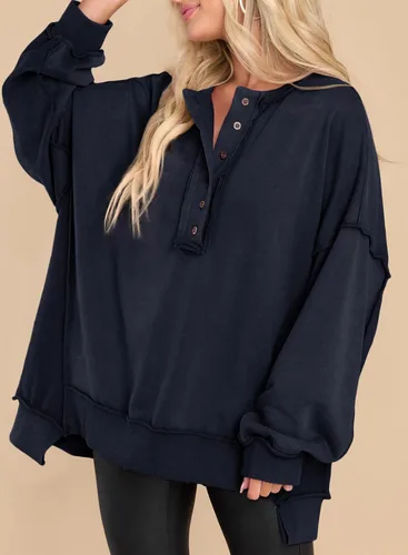 Miniatura 61 de AlvaQ - Sudadera de gran tamaño para mujer, informal, de manga larga, con botones y cuello Henley, tipo túnica