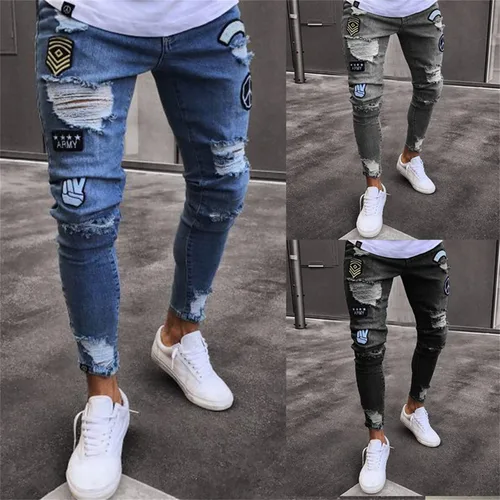 Miniatura 4 de Pantalones de mezclilla ajustados para hombre, ajustados, rasgados, ajustados, desgastados, con agujeros rasgados