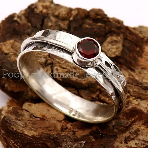 Miniatura 2 de garnet stone ring spinner rings women meditation ring wide band ring anixety ring dainty ring spinner ring boho ring fidget ring women ring hammered