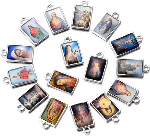 50 dijes rectangulares de doble cara esmaltados de Jesús con medalla milagrosa de la Virgen María, centro de rosario, cruz y cruz de maría, colgante
