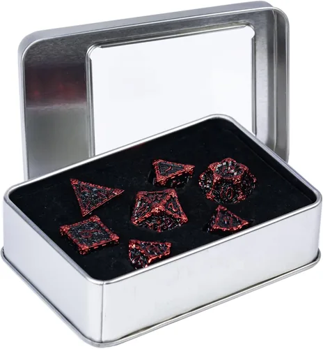 Miniatura 2 de Cusdie 7 dados de metal con caja de metal, juego de dados poliédricos DND con diseño de daga, para juegos de rol, dados D&D (negro con fuente roja)
