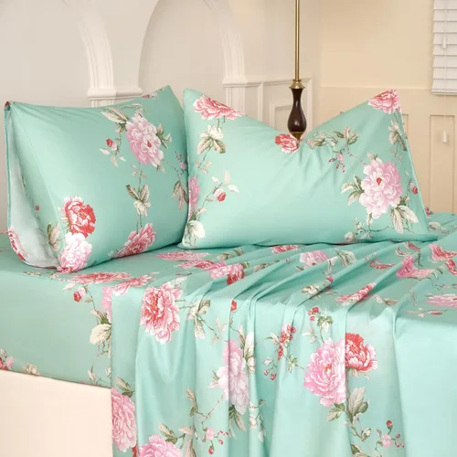 Miniatura 15 de Juego de sábanas de cama floral azul 100% algodón percal tamaño King, diseño vintage chic shabby, con patrón de peonía, ropa de cama suave y Monet