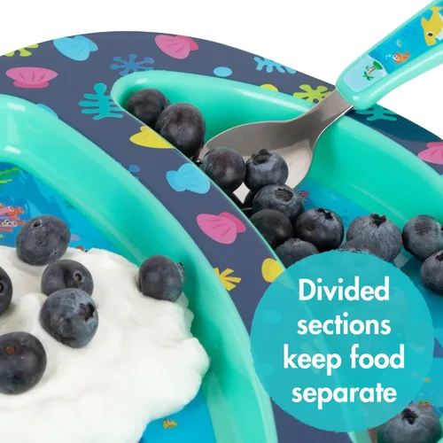 Miniatura 3 de First Years Baby Shark - Juego de vajilla para niños pequeños, incluye plato, cuenco, tenedor y cuchara, 4 unidades, color azul