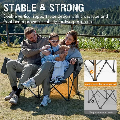 Miniatura 4 de Portal Silla de campamento doble, sofá biplaza plegable para 2 personas para adultos, cojín acolchado, para campamento, césped, sofá portátil