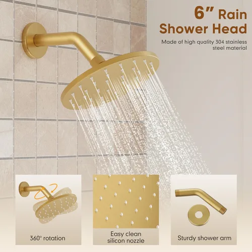 Miniatura 3 de Grifo de ducha de bañera, juego de grifo de ducha dorado con cabezal de ducha de lluvia de metal de 6 pulgadas y boquilla de bañera, kit de ducha
