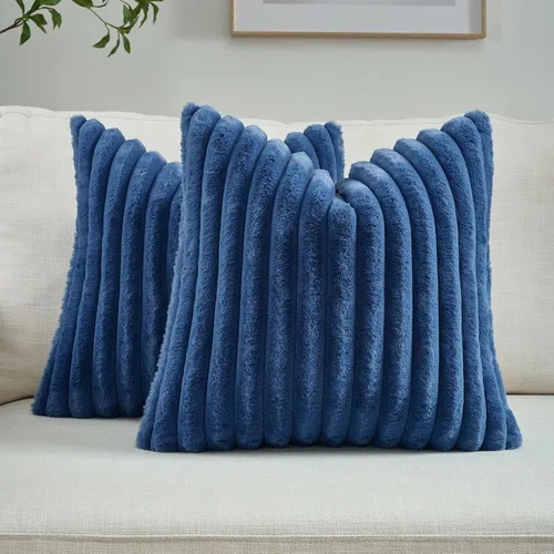 Miniatura 20 de FUTEI - Juego de 2 fundas de almohada decorativas con rayas, cuadradas, para invierno, piel sintética de conejo suave y acogedora y respaldo