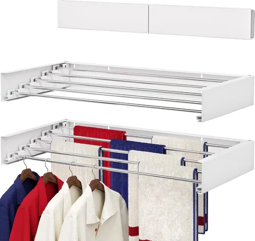 Estante de secado montado en la pared de 31.5", estante de secado de ropa plegable con varillas de acero inoxidable, estante de secado retráctil