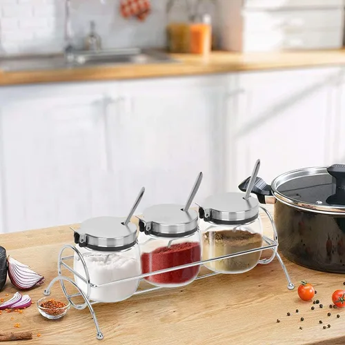 Miniatura 6 de only fire - Frasco para condimentos, recipiente para especias con tapas, cucharas de servir de acero inoxidable, estante base y etiquetas - botellas