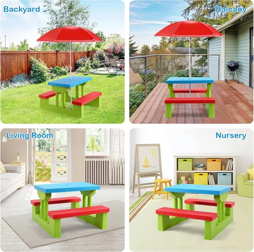Miniatura 7 de KOTEK Juego de mesa de picnic para niños, mesa y banco para niños al aire libre con paraguas extraíble, muebles de plástico para niños, mesas
