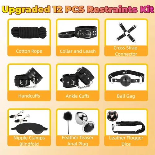 Miniatura 5 de Kits de Restricciones de Bondage Sexual Juguetes BDSM 12 Piezas Esposas Grilletes de Tobillo Tapón Anal Pinzas para Pezones Mordaza de Bola Venda