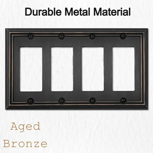 Miniatura 3 de OKAWYC Adler - Placa de pared de metal para interruptor de luz cuádruple decorativa, paquete de 2 unidades de bronce envejecido de 4 segmentos