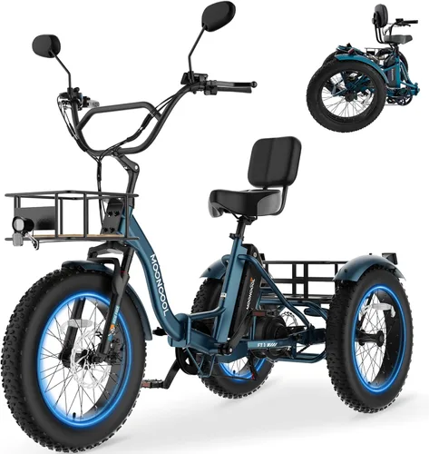 Miniatura 12 de MOONCOOL Triciclo eléctrico para adultos, 20 x 4 pulgadas, triciclo eléctrico con neumáticos gruesos, bicicleta eléctrica de 3 ruedas de 48 V, 500