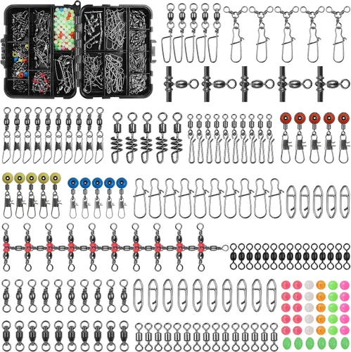 SILANON Fishing Swivels Tackle Kit, 174pcs Include Barrel Swivels,Sinker Slides,3 Way Swivels,Duo Lock Snaps,Barrel Snap Swivels Fishing Tackle Box