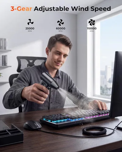 Miniatura 3 de Plumero de aire comprimido, plumero de aire inalámbrico de alta potencia de 110000 RPM, soplador de polvo recargable con 3 ajustes de engranajes