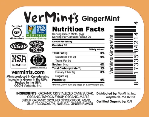Miniatura 2 de VerMints Organic Breath Mints sabor a menta de jengibre, todo natural, sin OMG, sin nueces, sin gluten, vegano, KSA Kosher, paquete de 6, latas