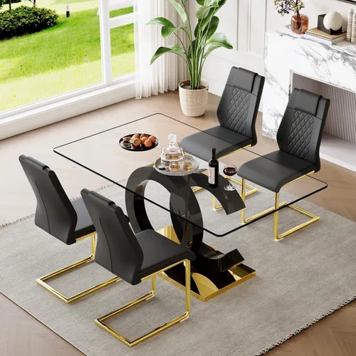 Miniatura 25 de gopop Mesa de comedor de cristal de 63 pulgadas, mesa de cocina moderna, mesa de comedor de vidrio transparente con patas de diseño único negro