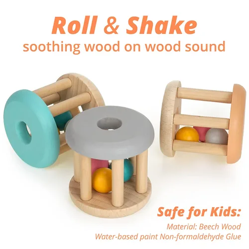 Miniatura 2 de DUCKBOXX XX Montessori Juguetes educativos para bebés, juguete de sonajero rodante de madera natural, juguete de aprendizaje temprano