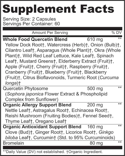 Miniatura 2 de Quercetina 500 mg con suplemento de bromelina, complejo de fitosoma bioactivo, apoyo estacional orgánico puro de alimentos integrales, respuesta
