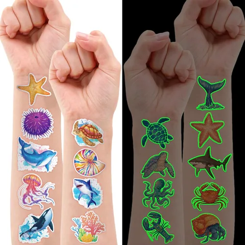 Miniatura 2 de 96 piezas de tatuajes temporales luminosos que brillan en la oscuridad, animales marinos del océano precortados para niños, suministros