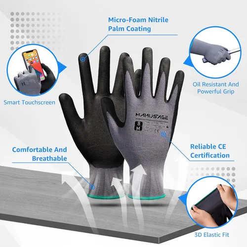 Miniatura 2 de Guantes de trabajo de seguridad MANUSAGE para hombres y mujeres, guantes de trabajo de nitrilo de microespuma XLarge, guantes de trabajo delgados