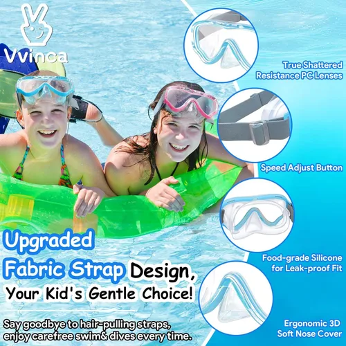 Miniatura 2 de Vvinca Kids-Goggles with Nose Cover, Diving Mask Elastic Fabric Strap Anti Fog Anti Shattered Lens for Kids Swim Goggles 3-14 01-azul y rosa
