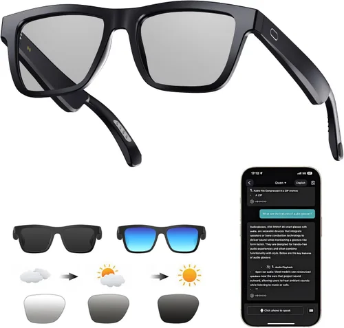 Lentes inteligentes para hombres y mujeres, con GPT de chat, gafas de traducción Bluetooth AI con 164 idiomas, lente azul, lente de cambio de color