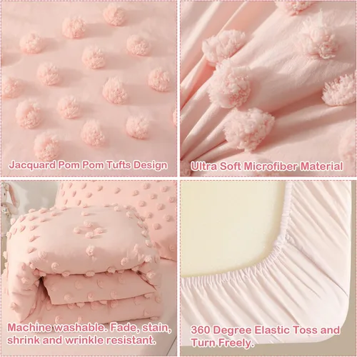 Miniatura 6 de Juego de ropa de cama para niñas pequeñas de 4 piezas, jacquard rosa con pompones y mechones, estilo bohemio boho con puntos mechonados, juego