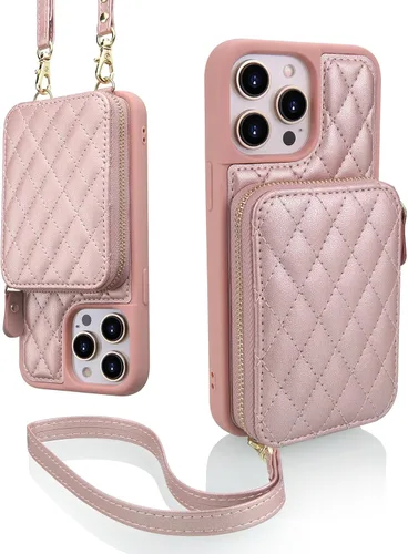 Funda tipo cartera cruzada compatible con iPhone 15 Pro Max con correa de bloqueo RFID, cierre de cremallera, funda de cuero acolchada para