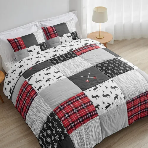 Sweet Jojo Designs Juego de edredón de 3 piezas con parche rústico a cuadros y flechas de bosque gris, negro y rojo, tamaño matrimonial/queen, para