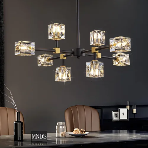 Miniatura 10 de Candelabro de Cristal Negro, Lámparas de Araña Sputnik con 12 Luces, Lámpara de Techo Moderna Ajustable en Altura Semiempotrada para Comedor, Isla